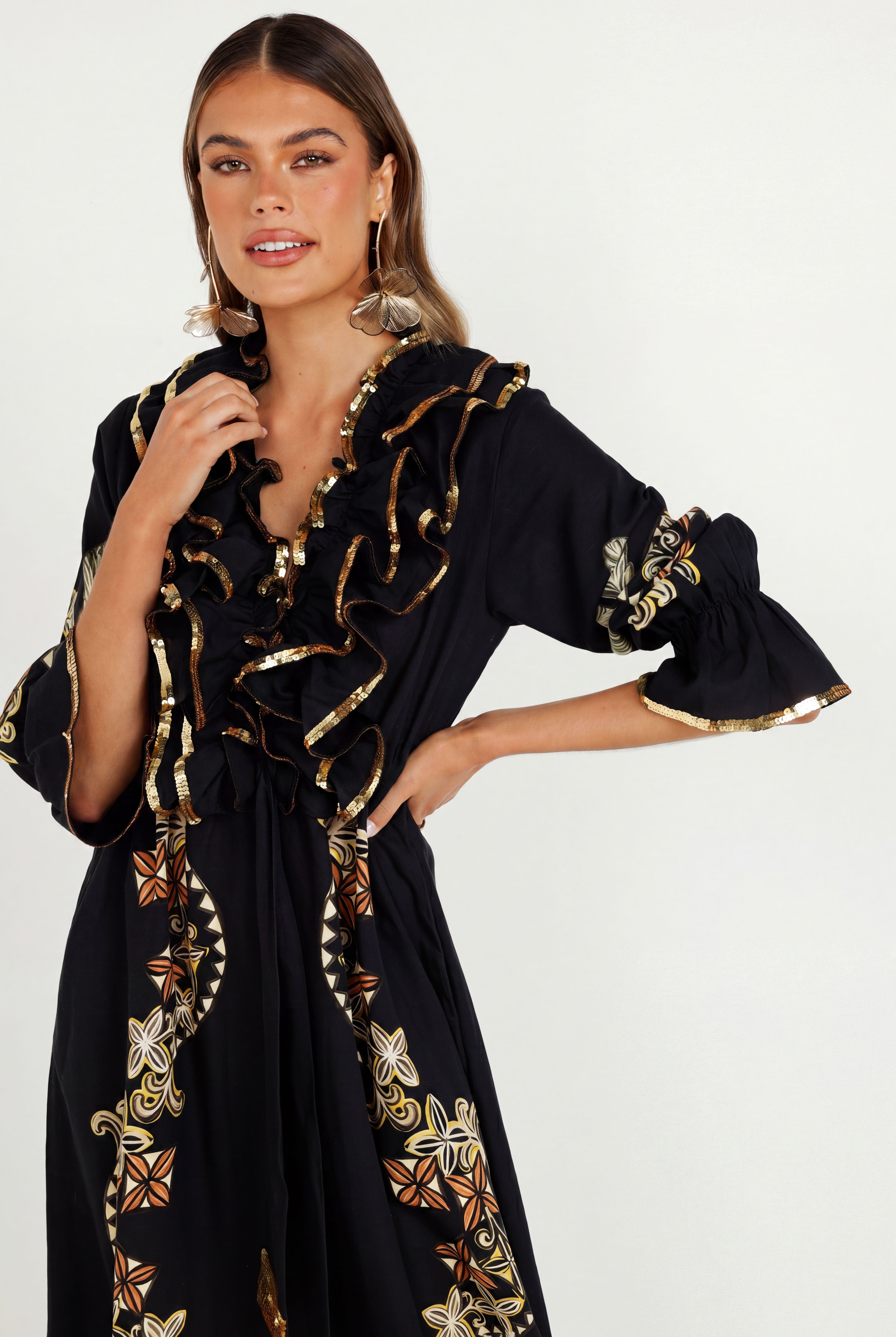 The Midnight Tropics Ruffle Dress