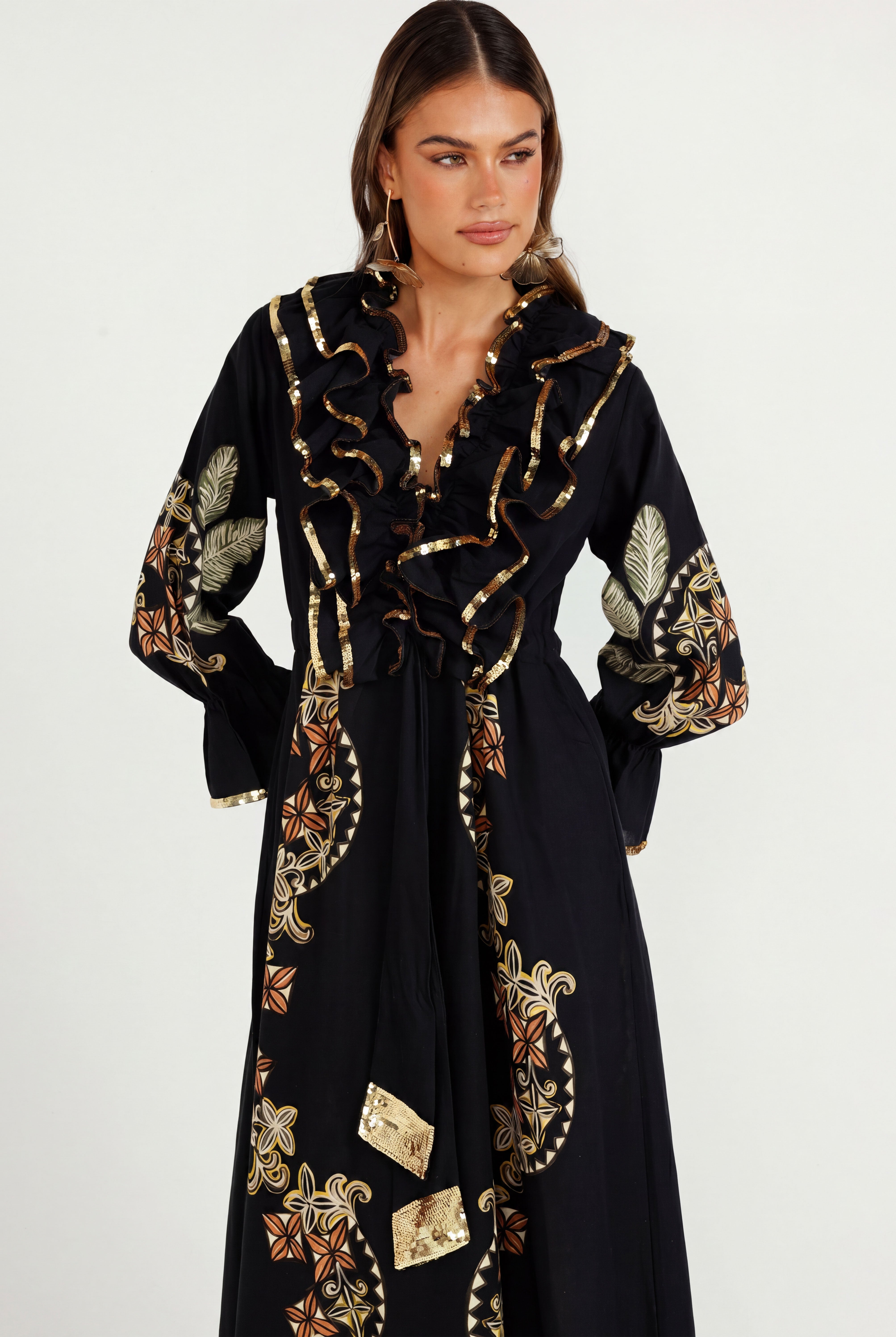 The Midnight Tropics Ruffle Dress