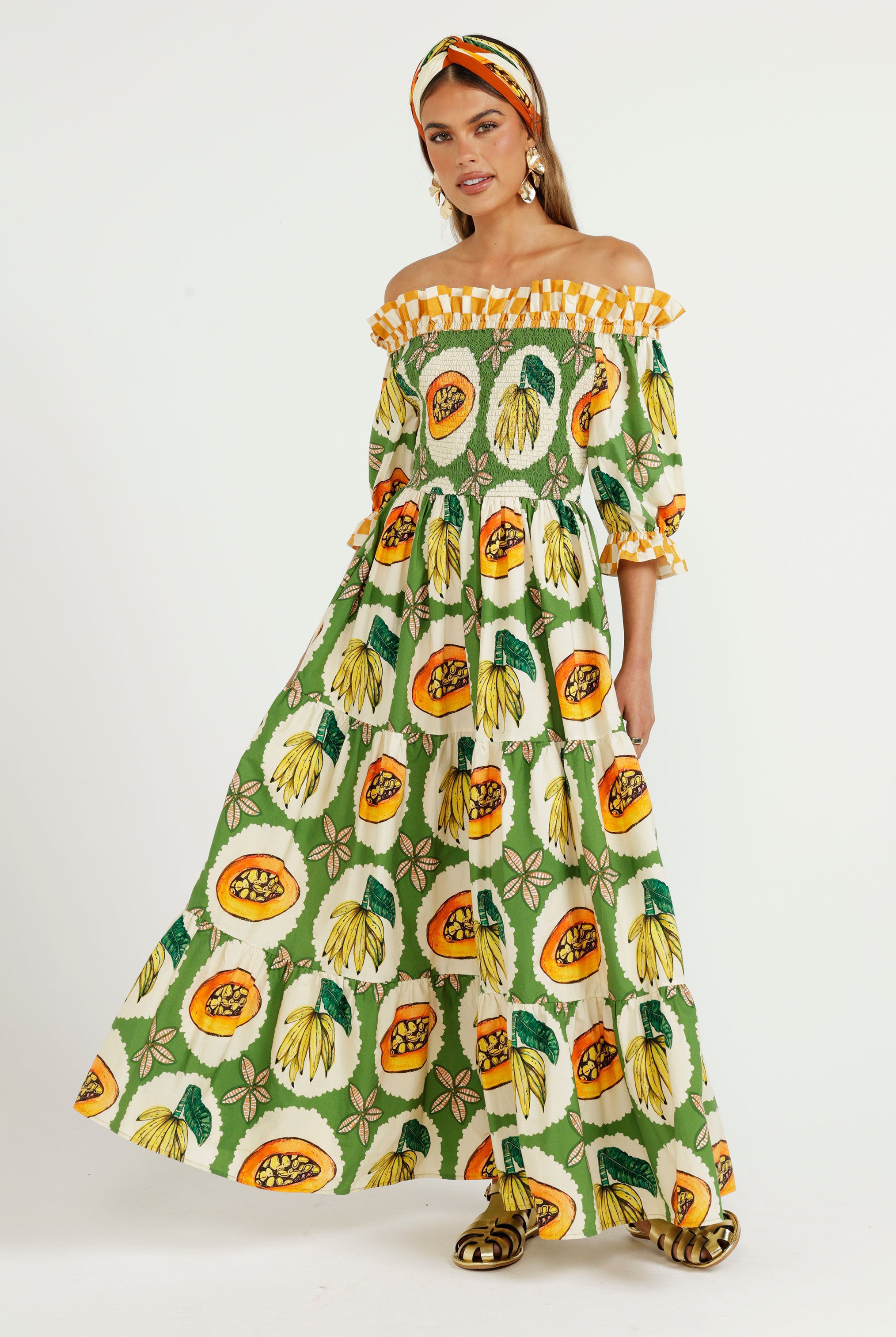 The Papaya Grove Smocked Off Shoulder Dress