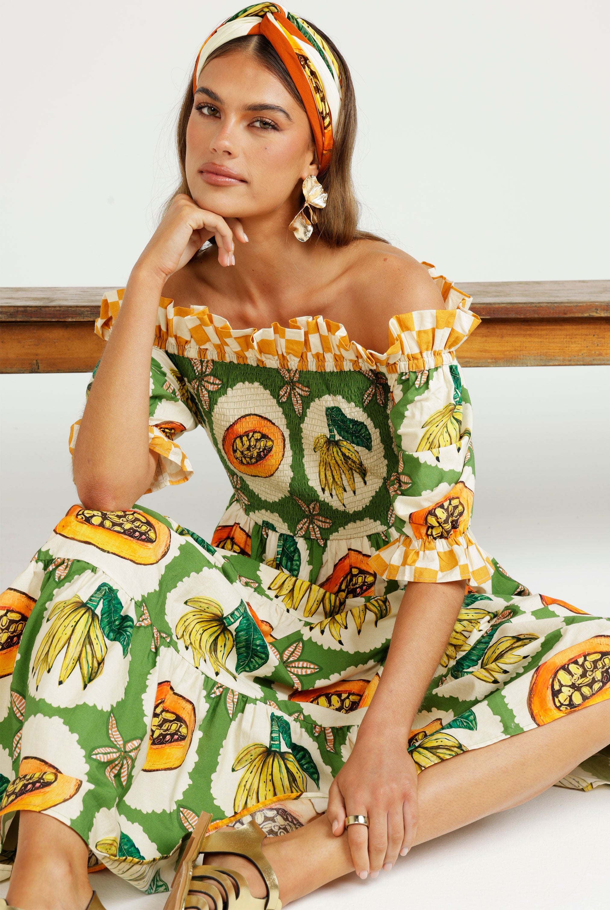 The Papaya Grove Smocked Off Shoulder Dress