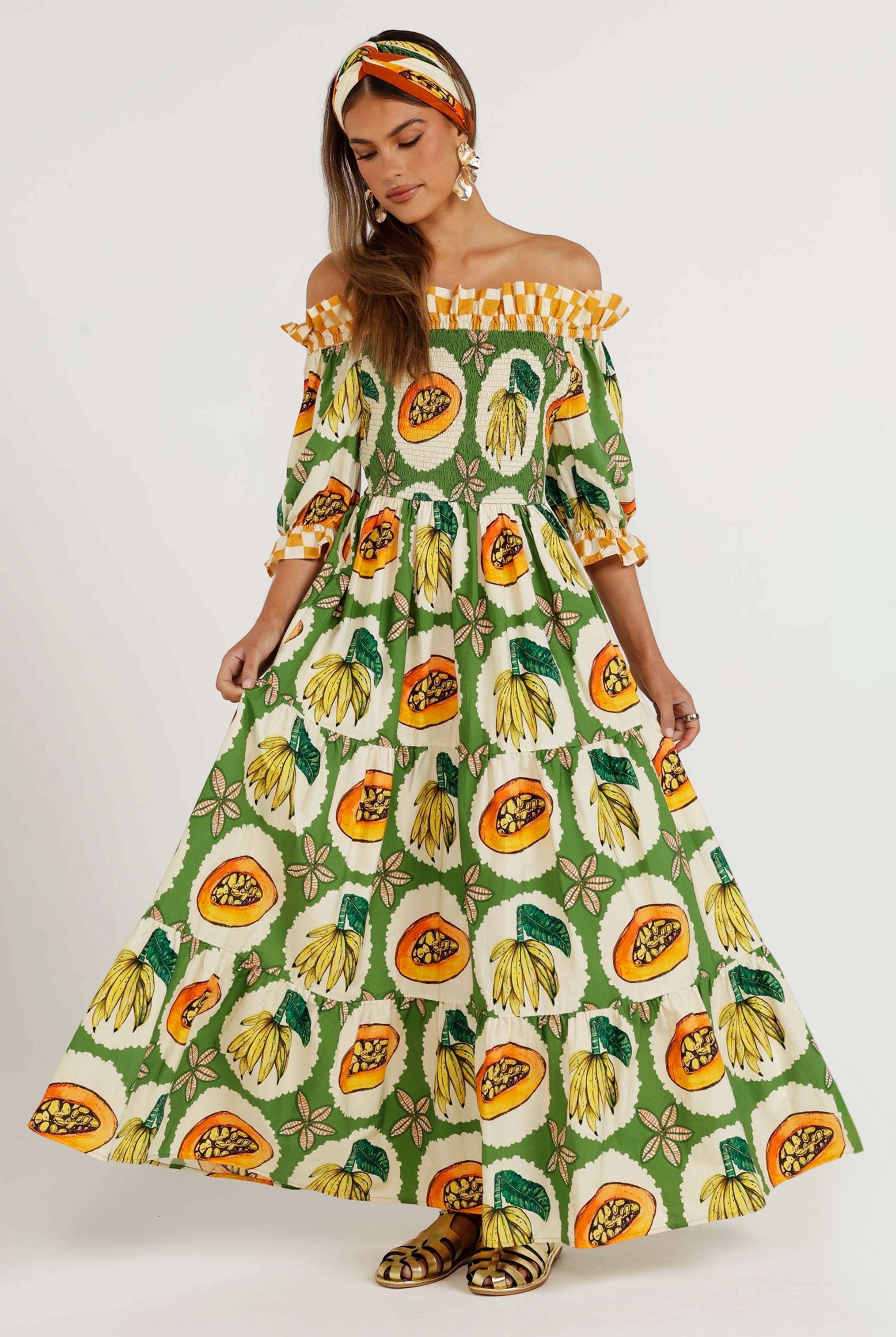 The Papaya Grove Smocked Off Shoulder Dress
